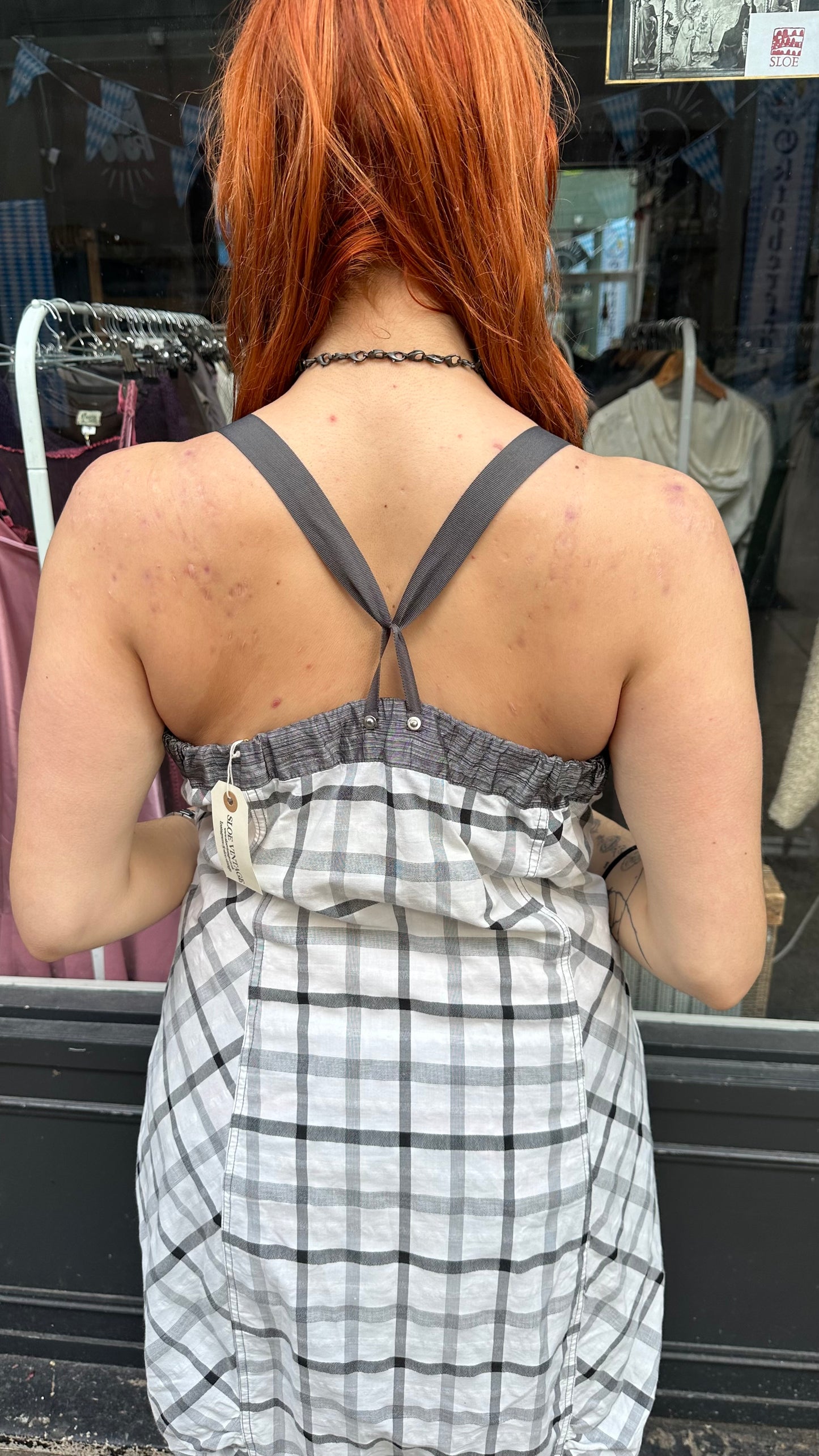 Grey check dress with ruching