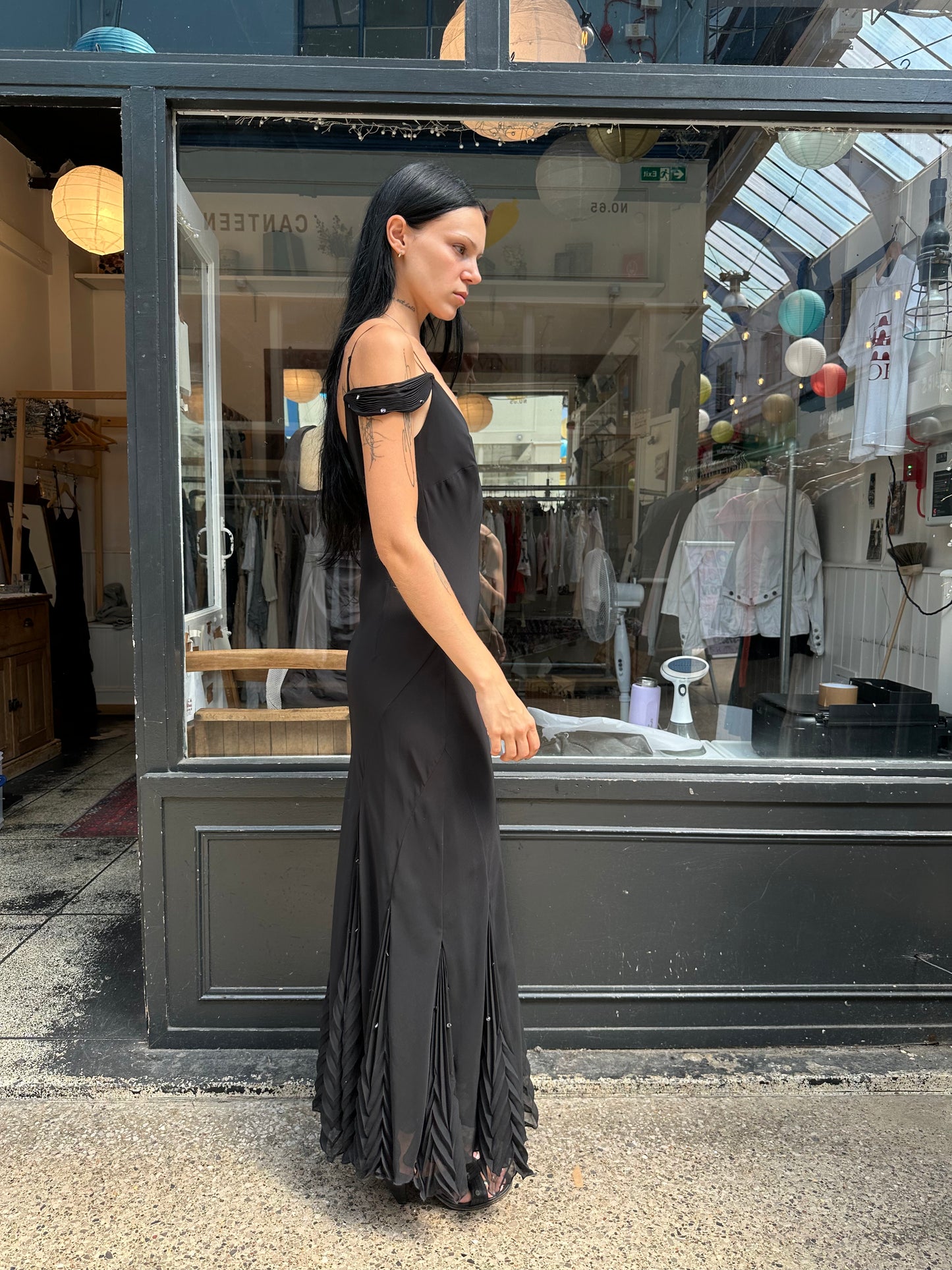 Black maxi dress with rosettes