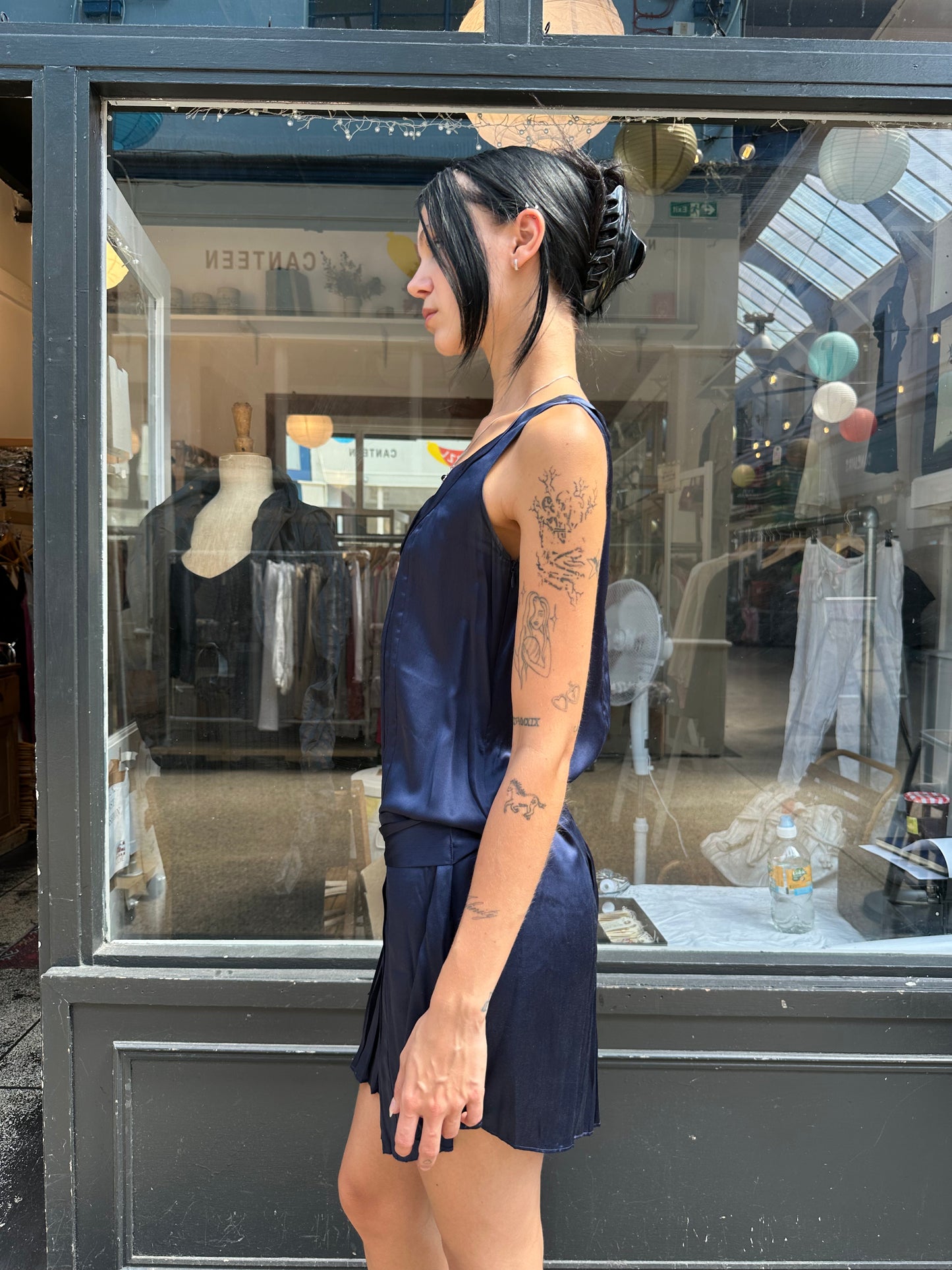 Navy 100% silk drop waist mini dress