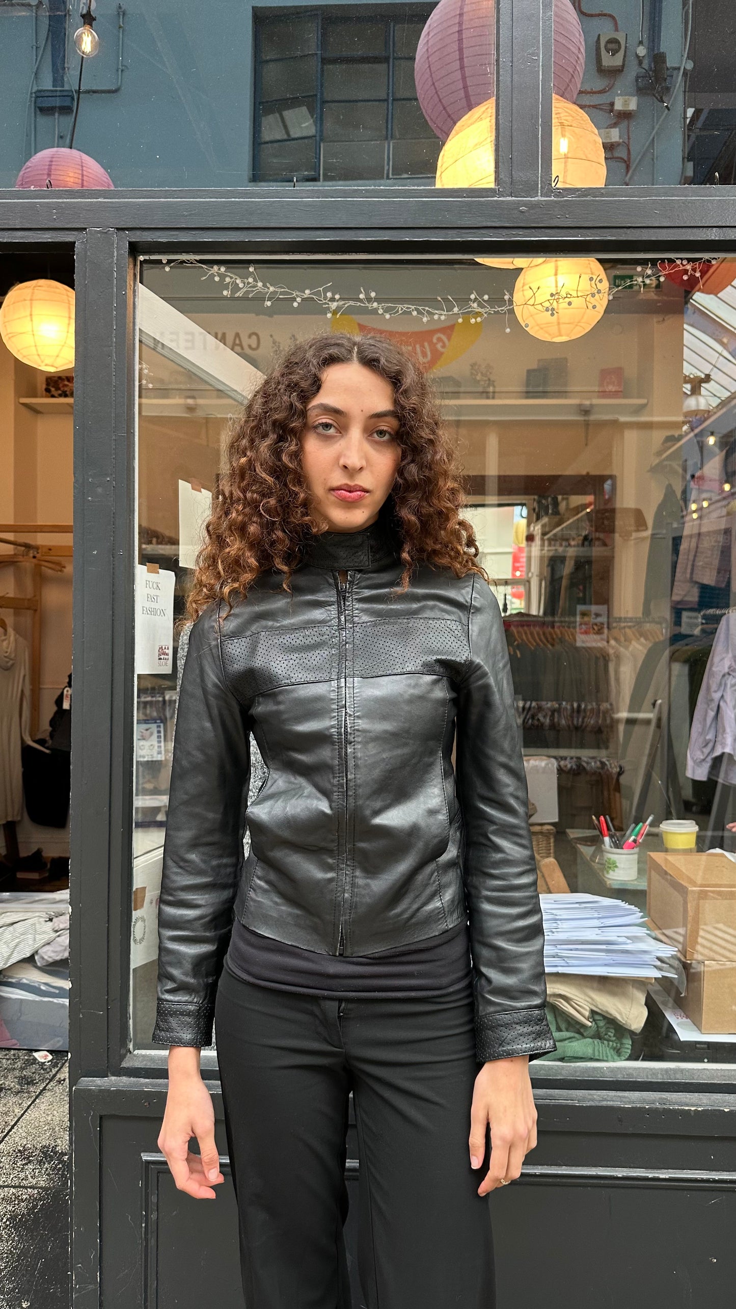 Leather jacket with pointelle