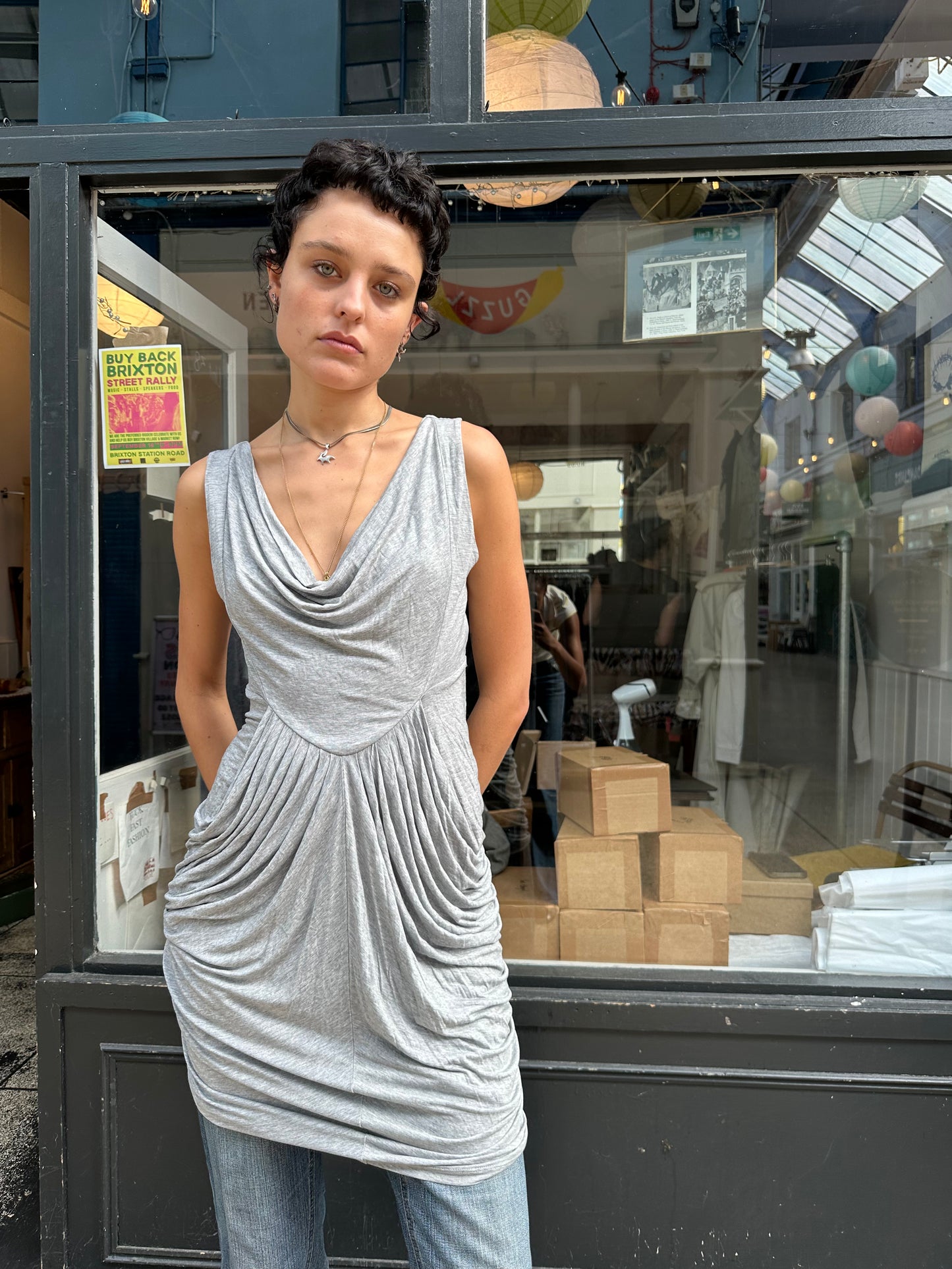 Grey cowl neck tunic dress