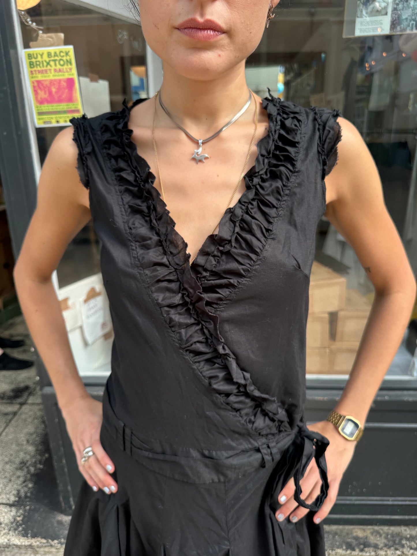 black cotton drop waist wrap dress