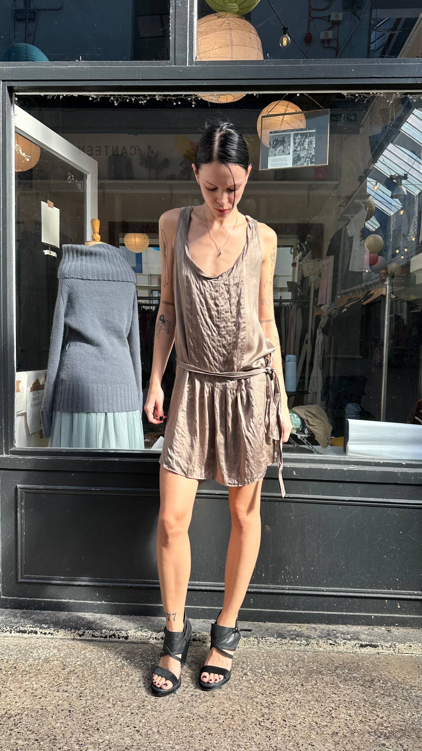 100% silk champagne drop waist pleated dress