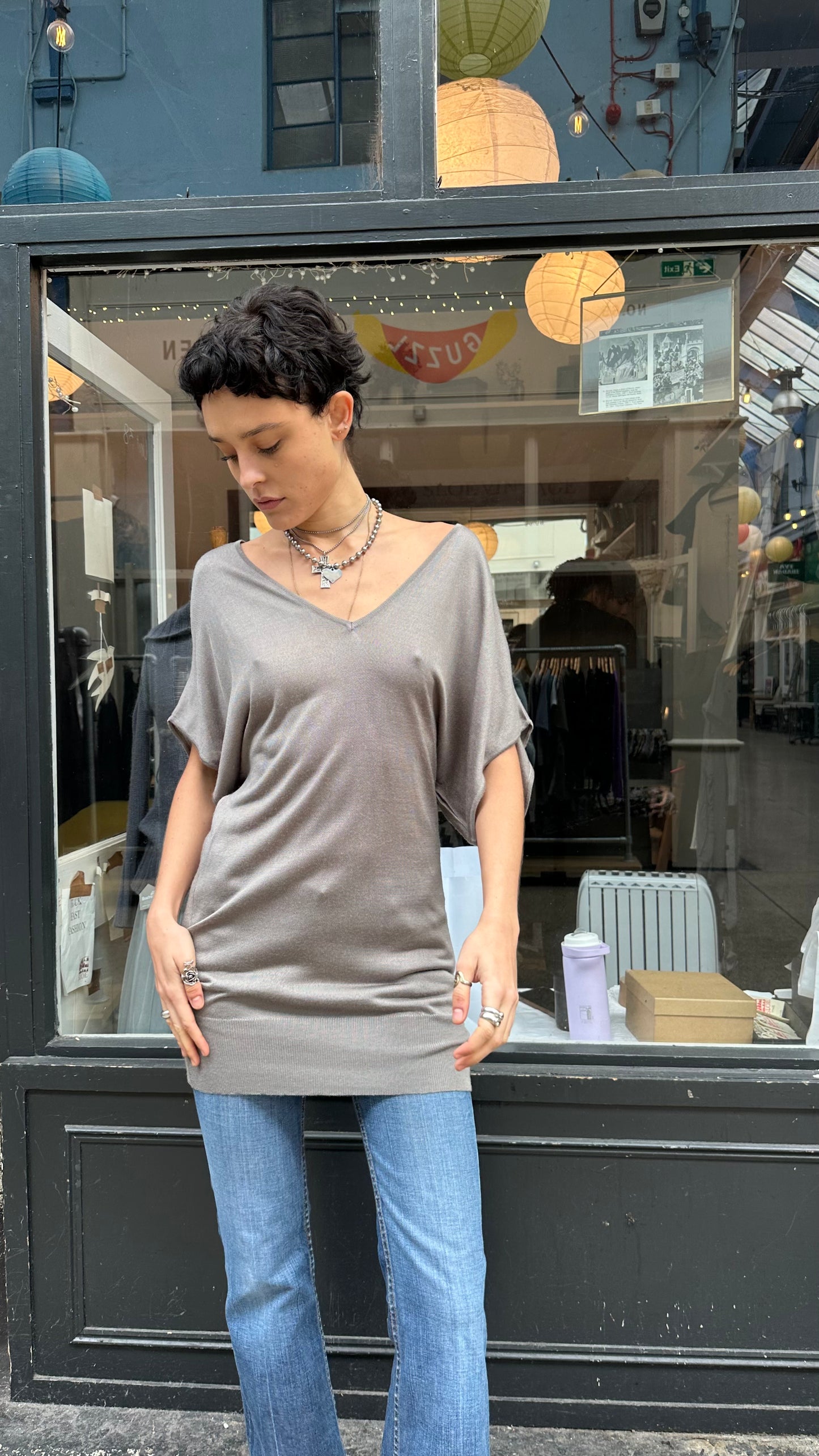 Grey super slouchy knit v neck tunic