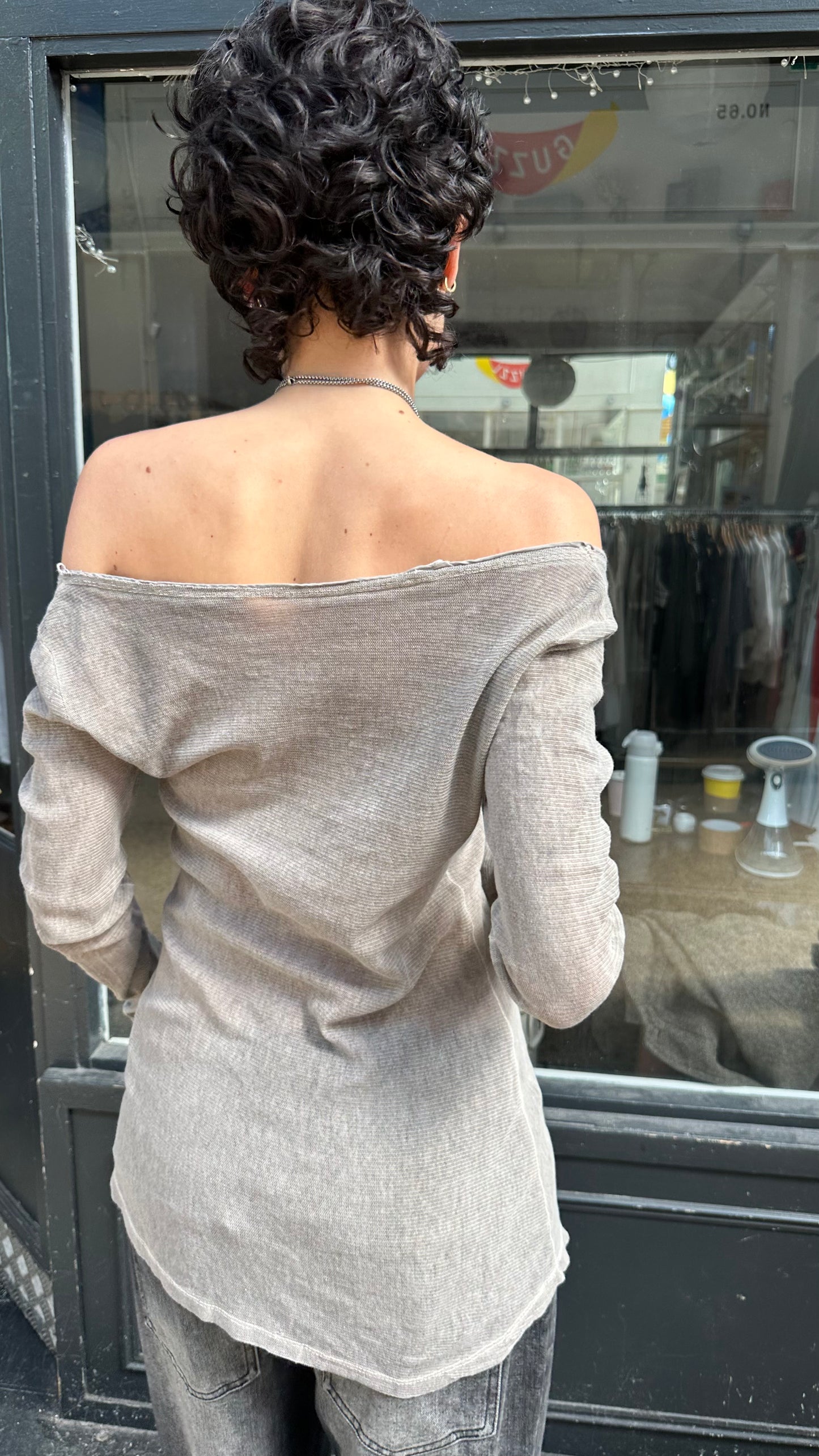 Grey mesh henley top