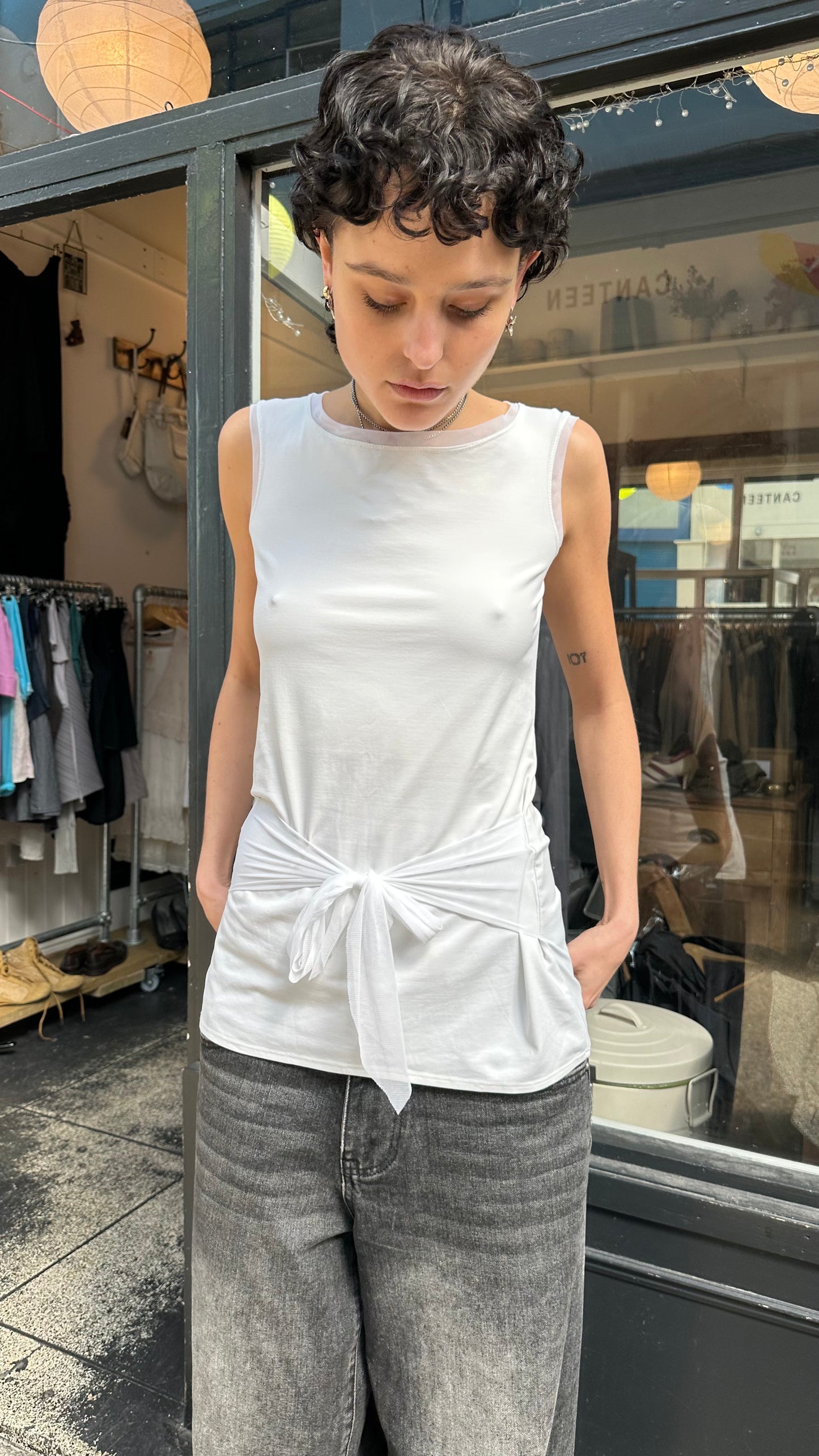White tank with tulle ribbon