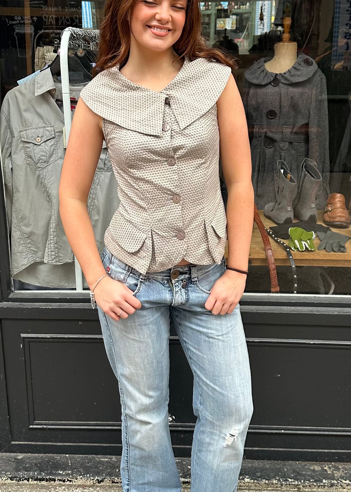 Grey Textured Waistcoat with Oversized Collar