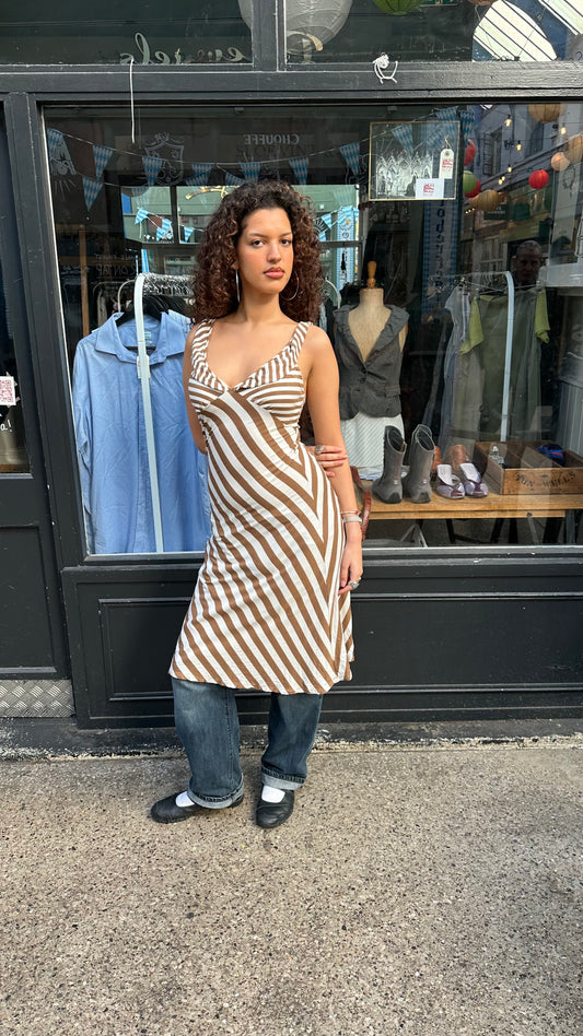 Brown and White Striped Jersey Dress