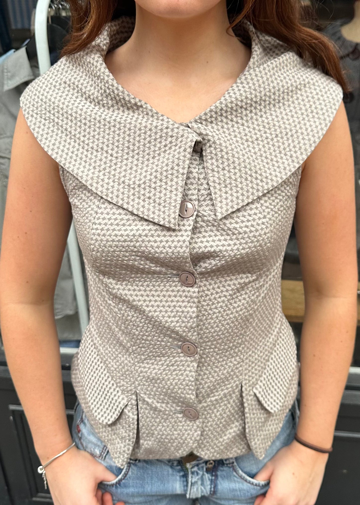 Grey Textured Waistcoat with Oversized Collar