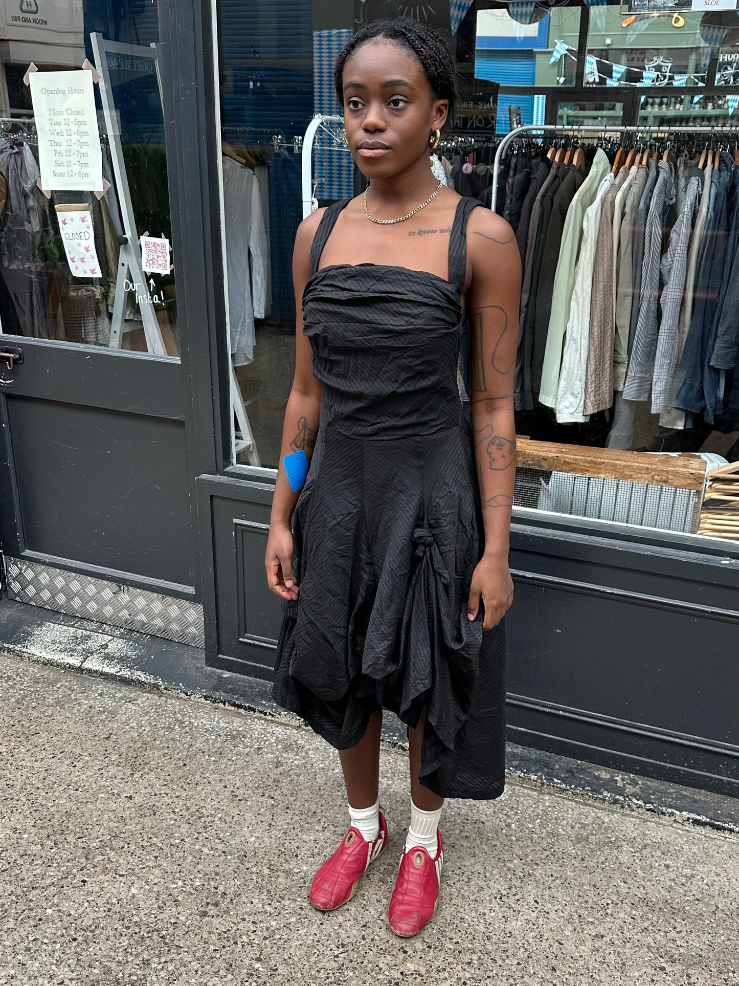 Black dress with gathered skirt