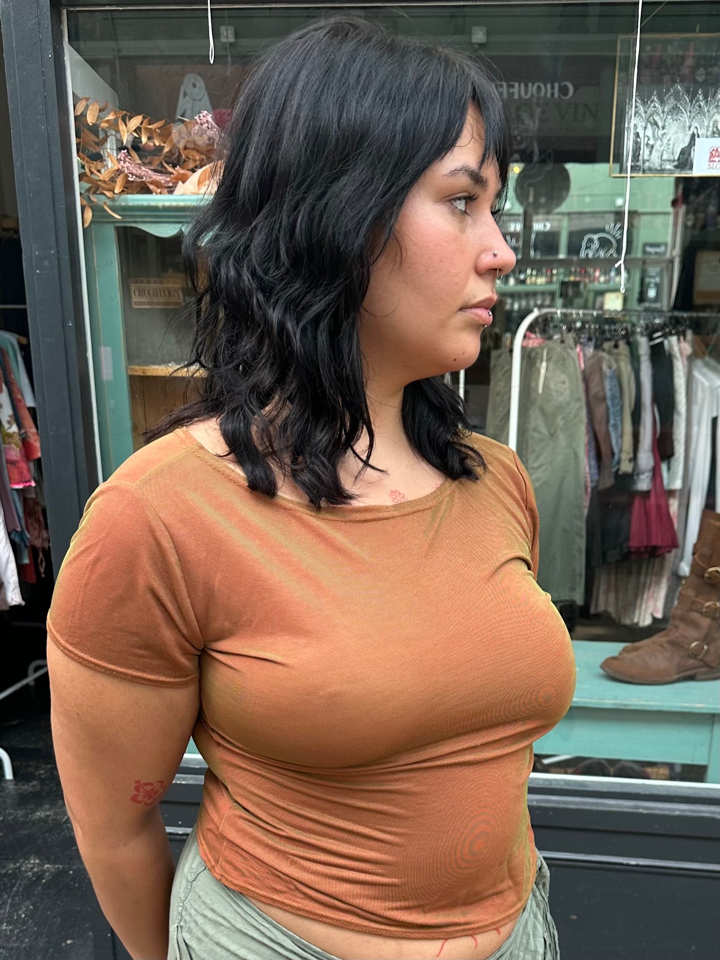 Orange Iridescent Boat Neck Top