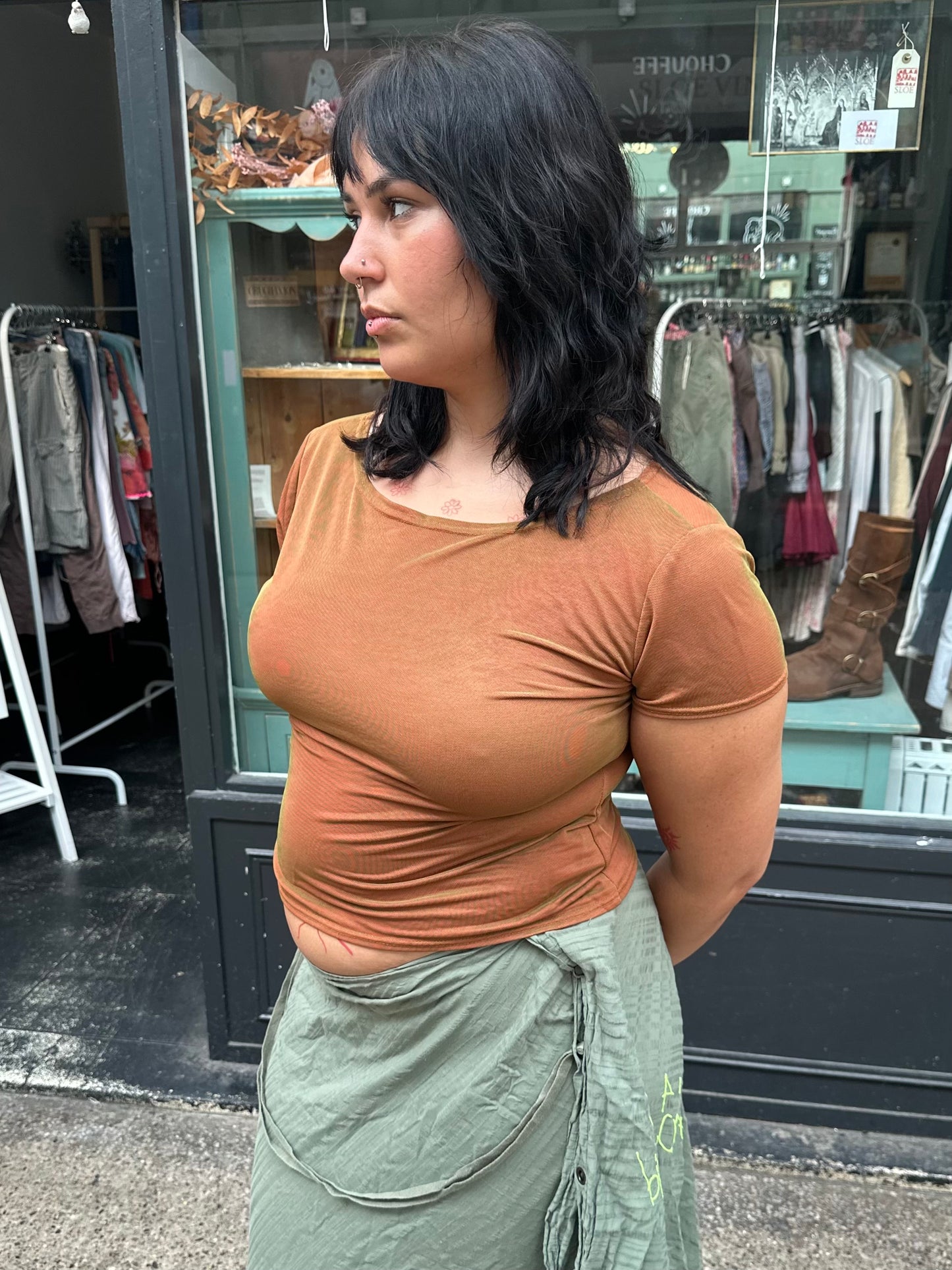 Orange Iridescent Boat Neck Top