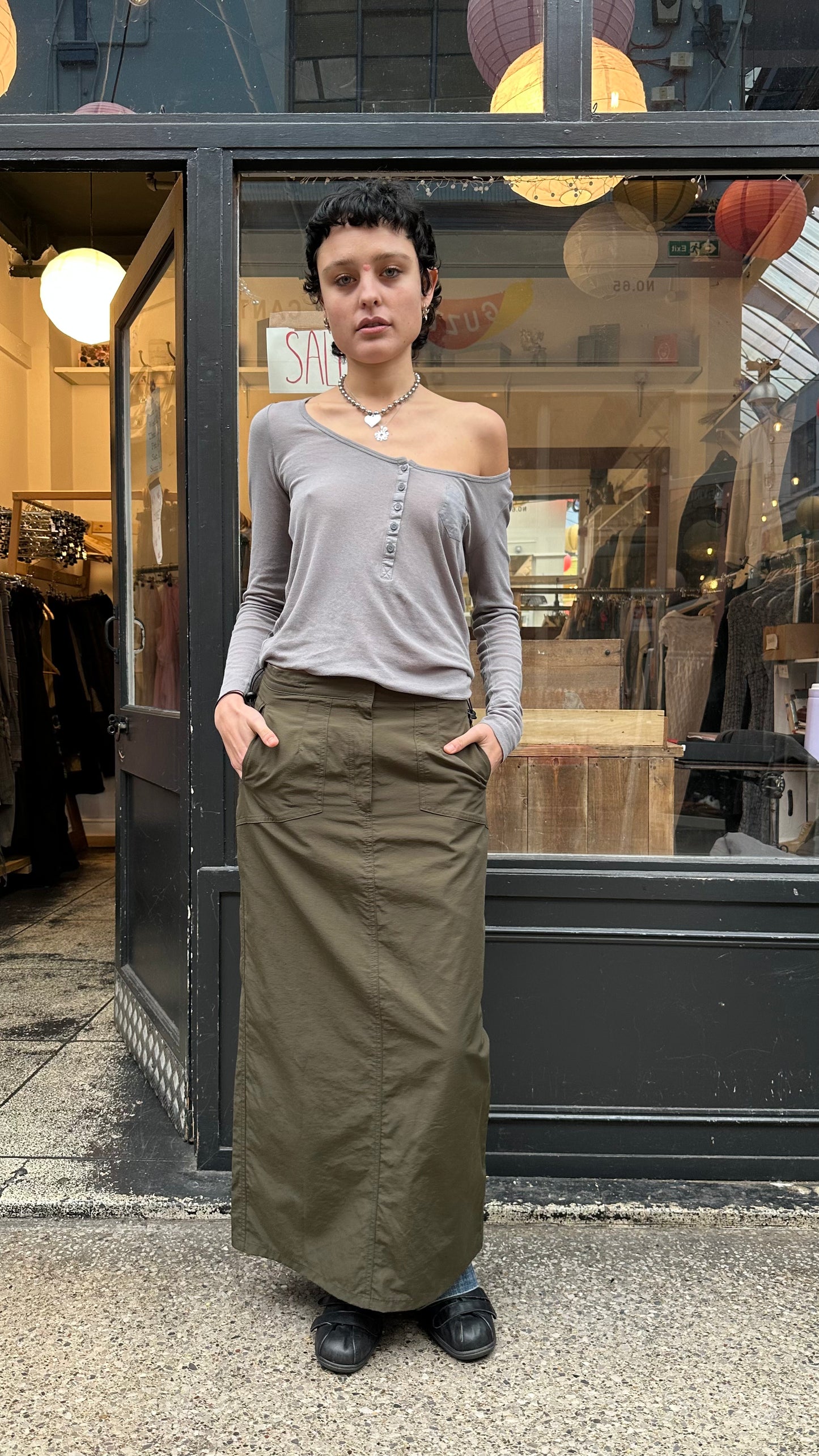 Khaki drawcord maxi skirt