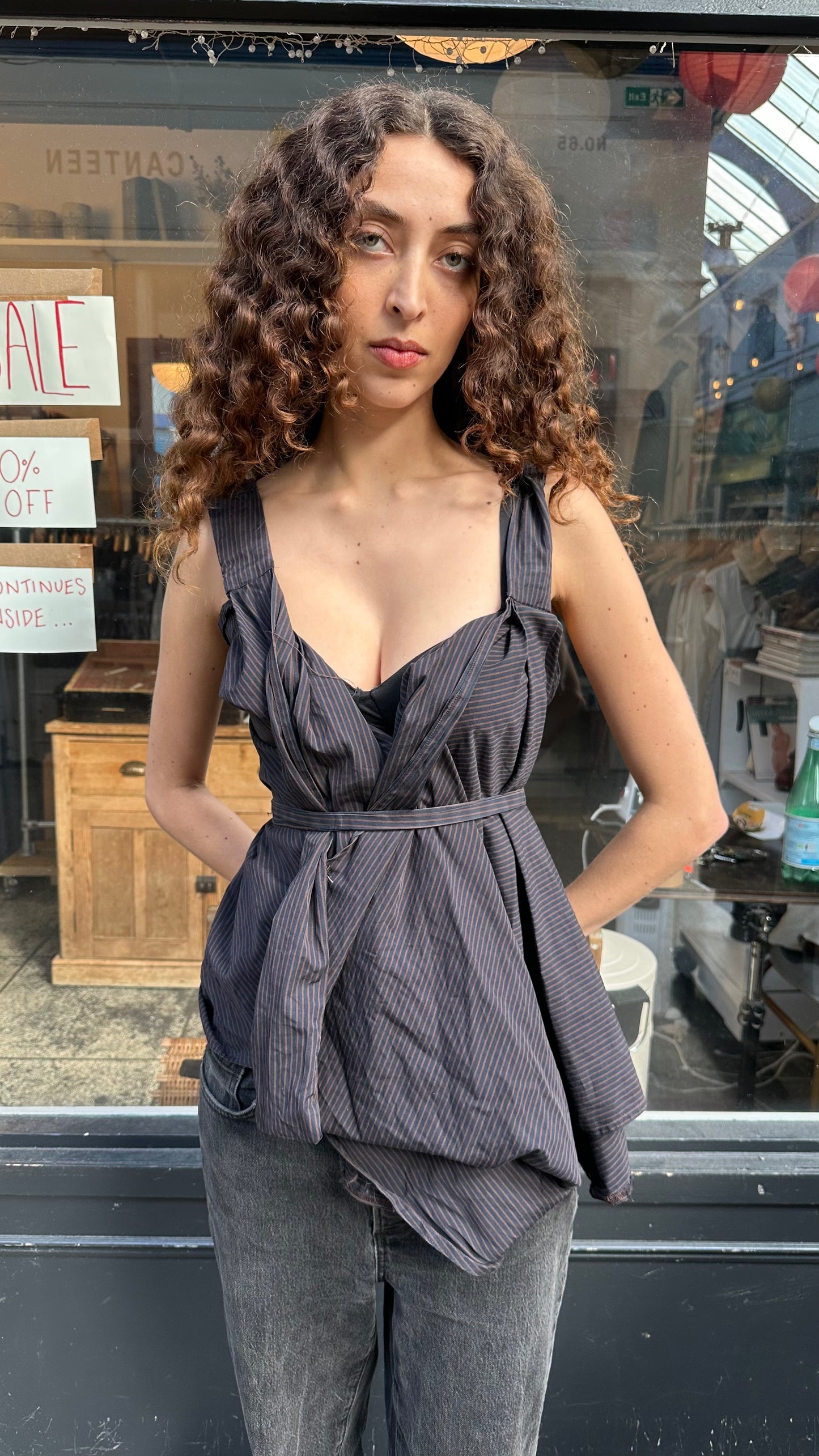 Pinstriped balloon top with belt