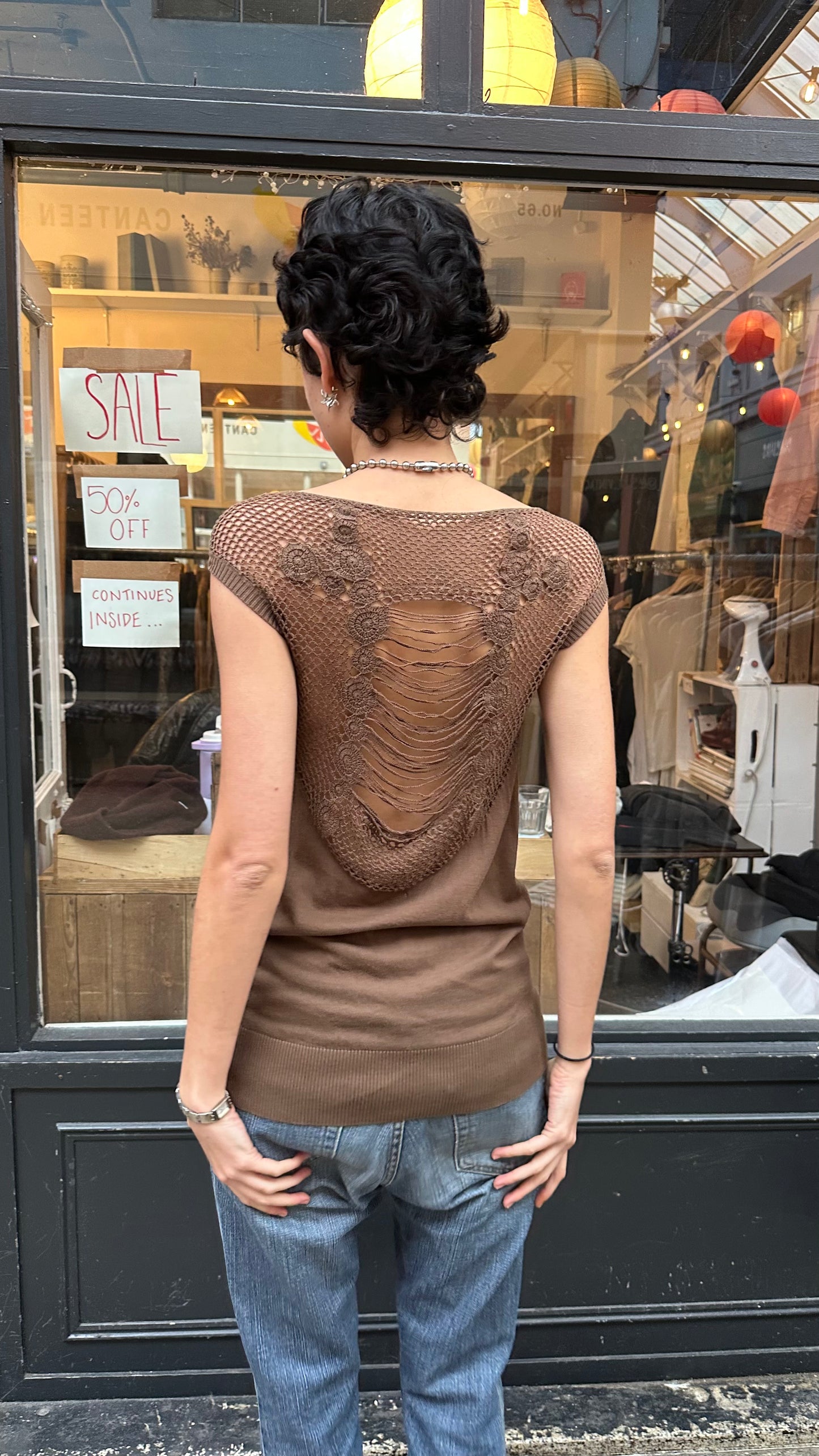 Brown tank top with crochet back and belt graphic dead stock