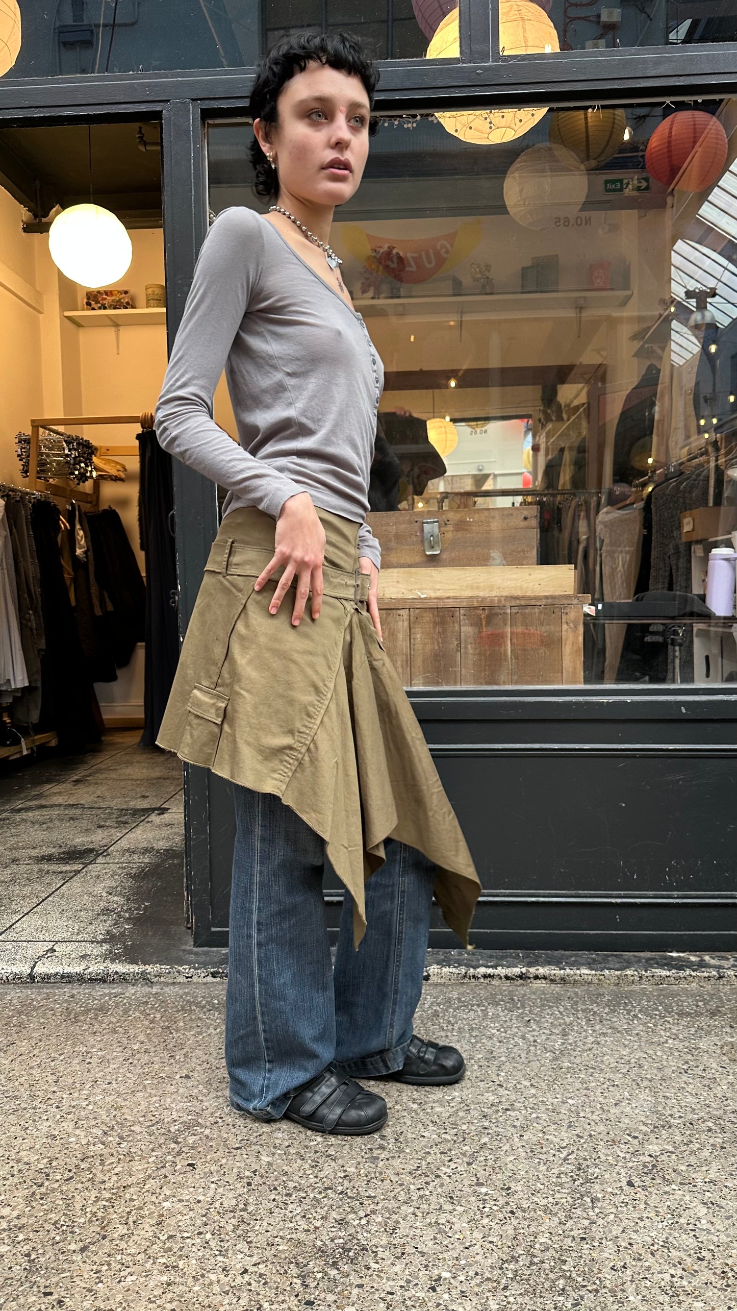 Khaki asymmetric midi skirt