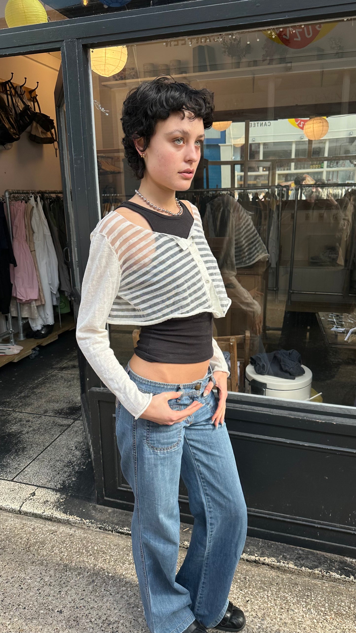 Sheer striped cropped cardigan