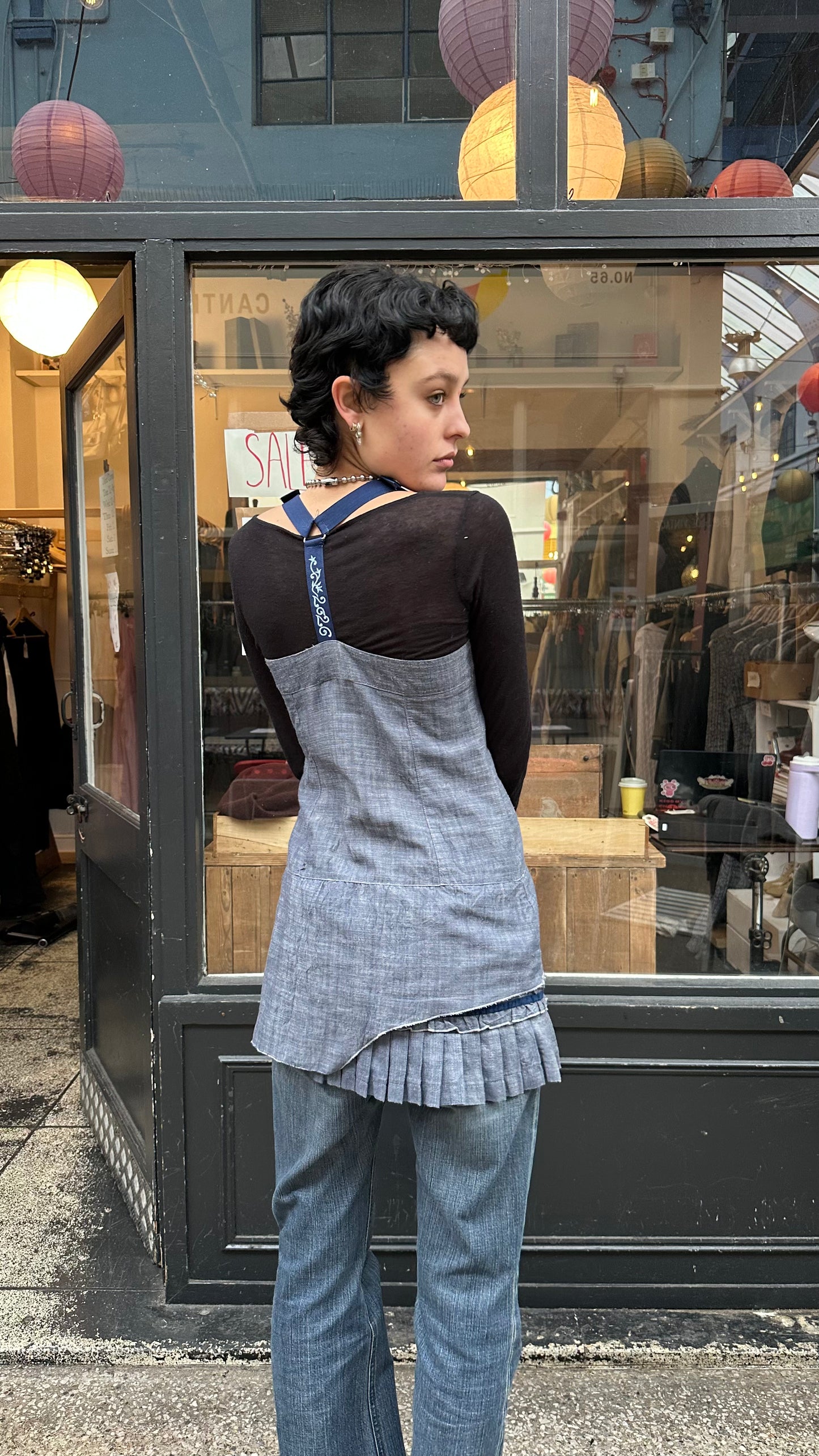 pleated denim mini dress