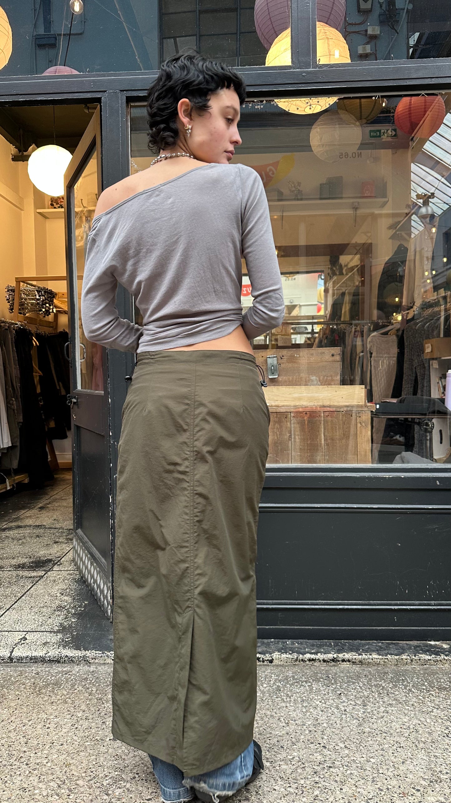 Khaki drawcord maxi skirt