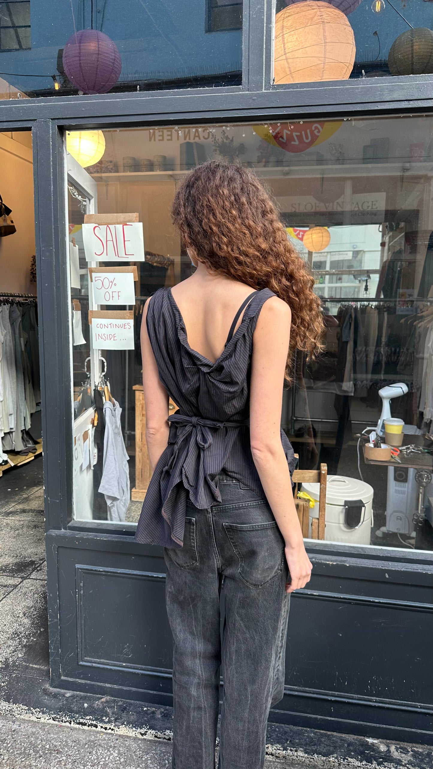 Pinstriped balloon top with belt