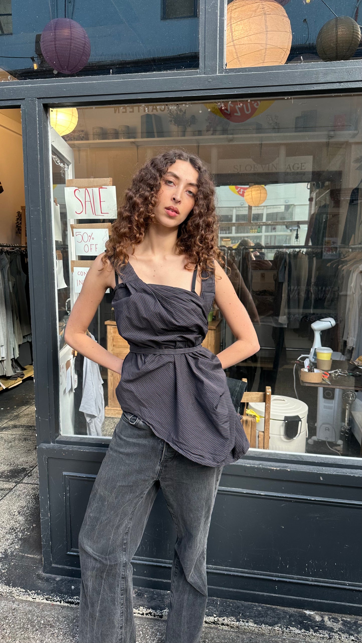 Pinstriped balloon top with belt