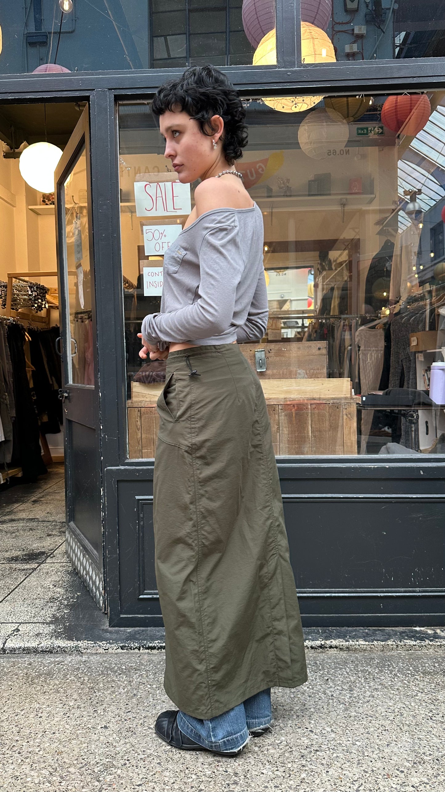 Khaki drawcord maxi skirt