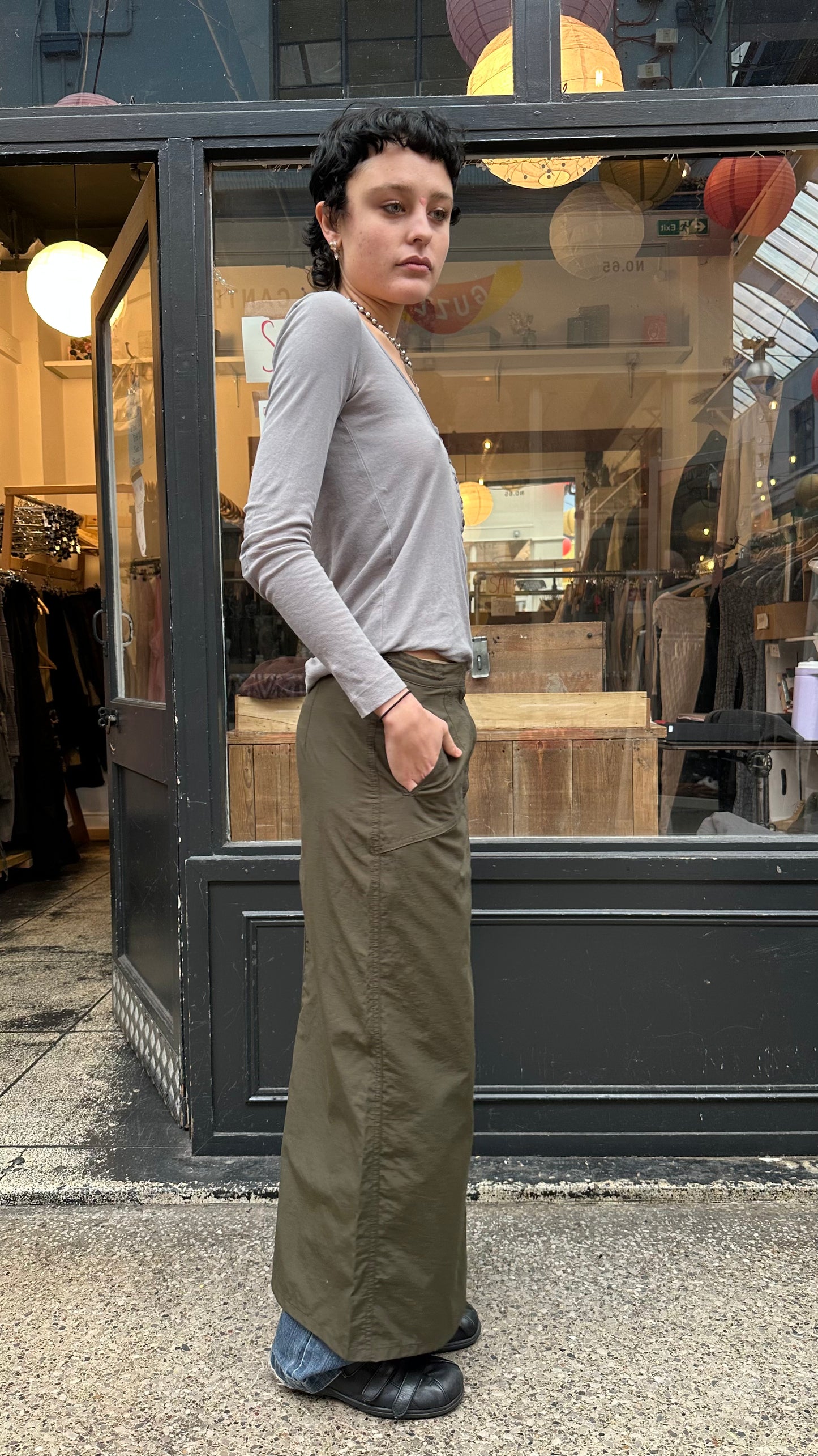 Khaki drawcord maxi skirt