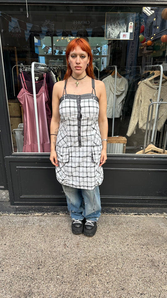 Grey check dress with ruching