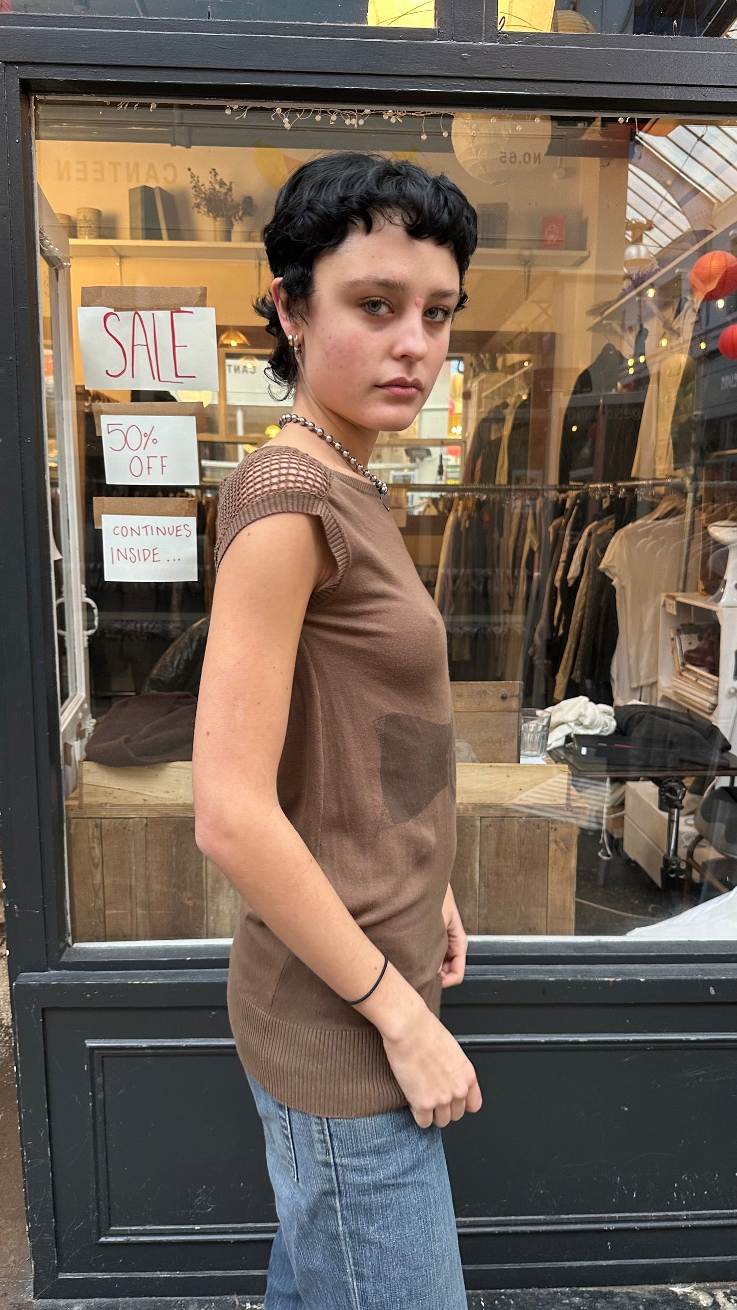 Brown tank top with crochet back and belt graphic dead stock
