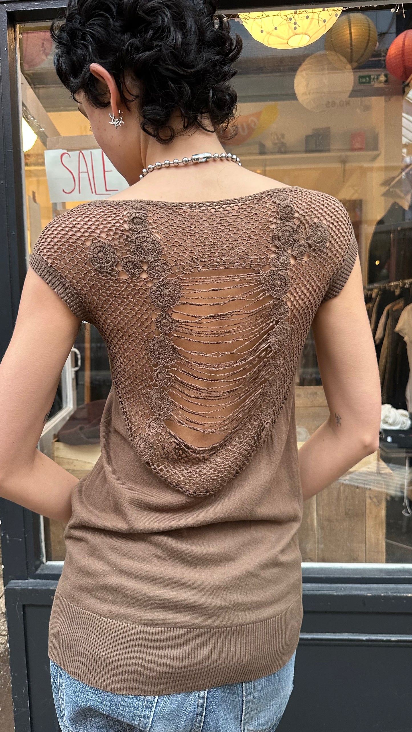 Brown tank top with crochet back and belt graphic dead stock