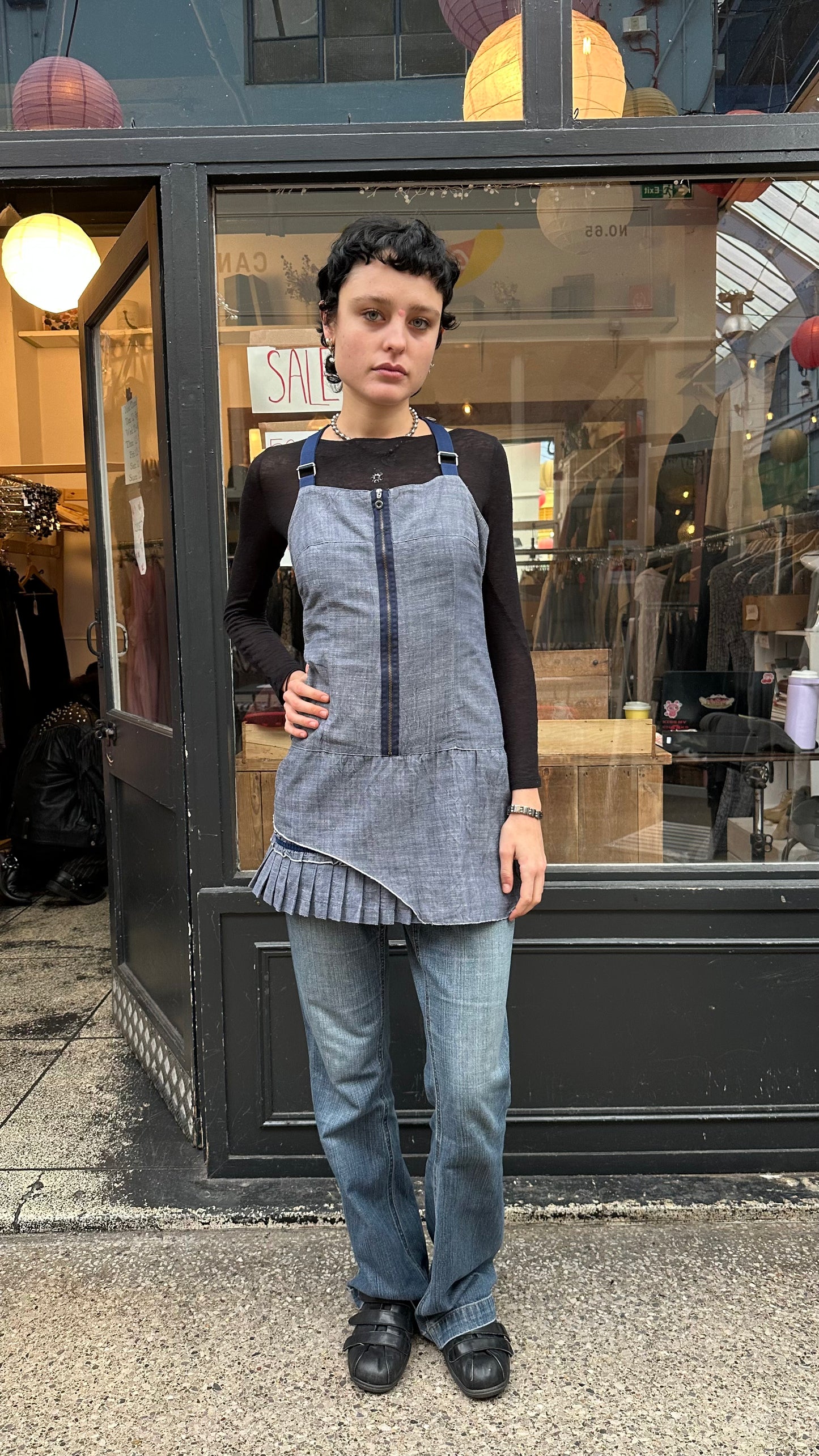 pleated denim mini dress