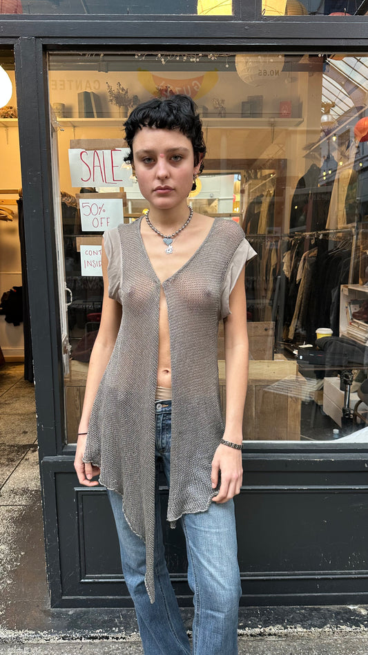 Grey crochet top labelled 40