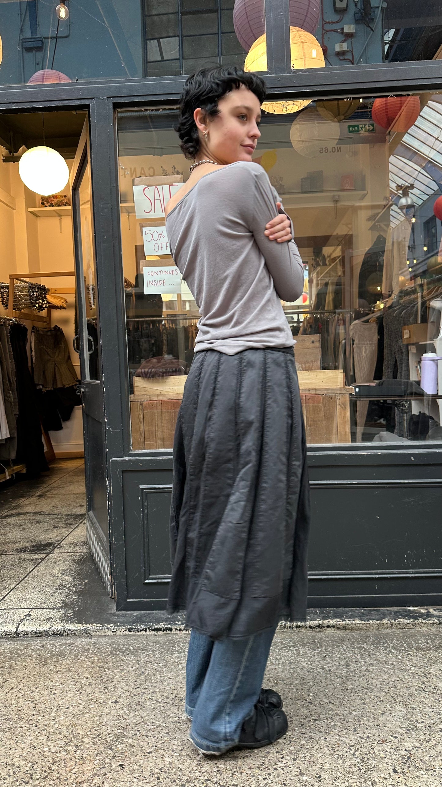 Black midi skirt with sheer panels