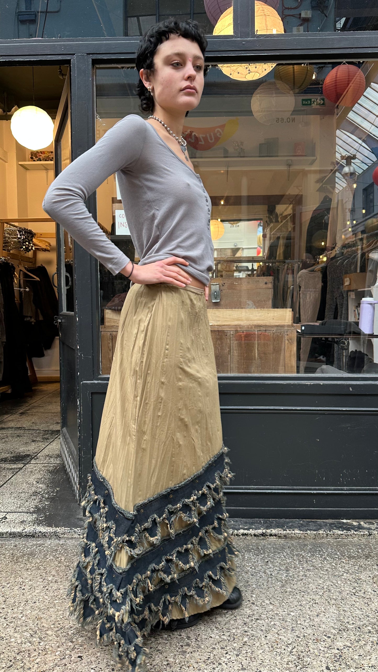 Denim distressed maxi skirt