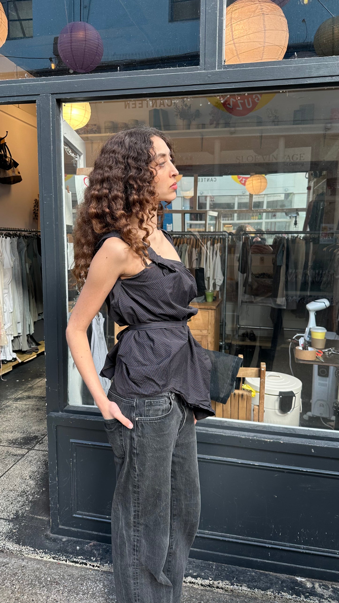 Pinstriped balloon top with belt