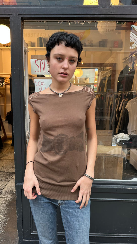 Brown tank top with crochet back and belt graphic dead stock