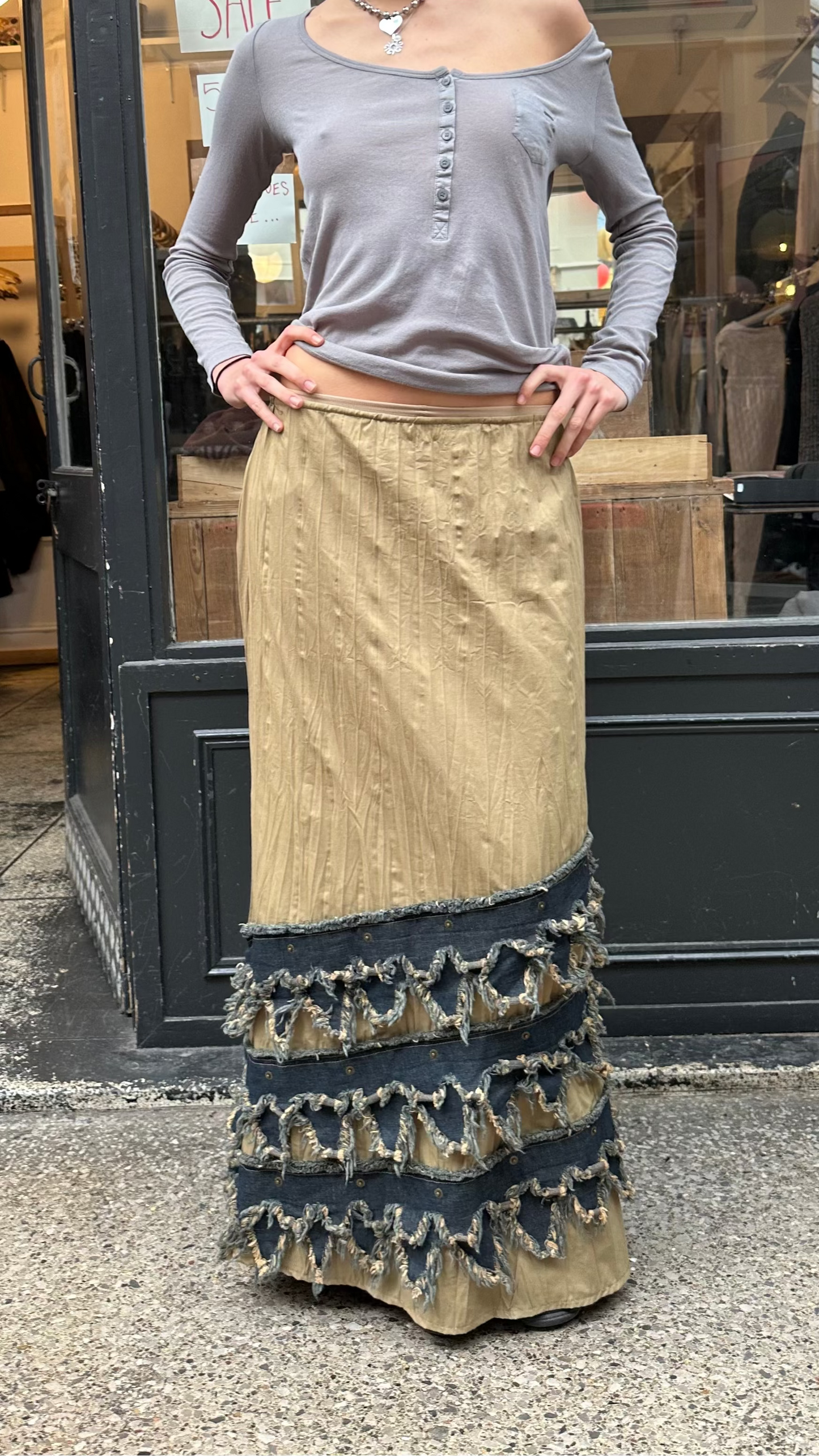 Denim distressed maxi skirt