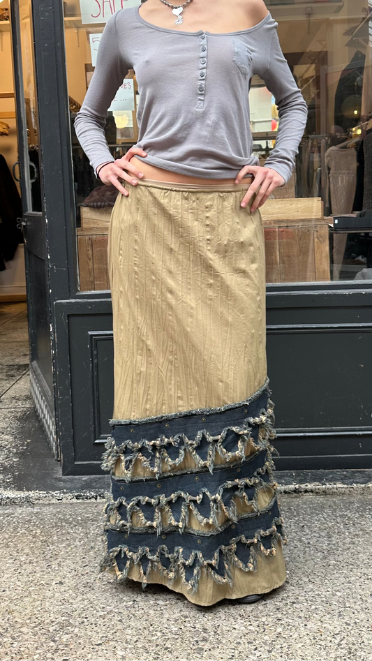 Denim distressed maxi skirt