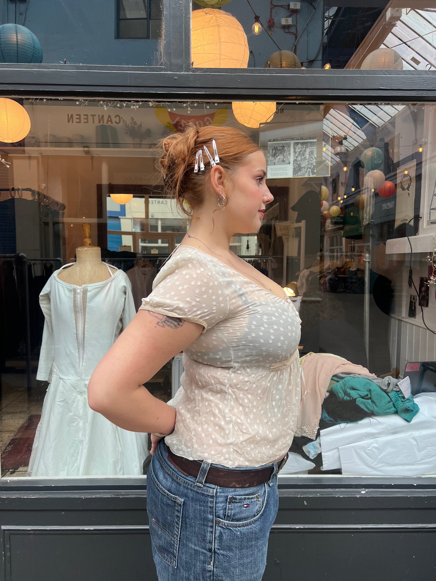 Cream sheer polka dot top