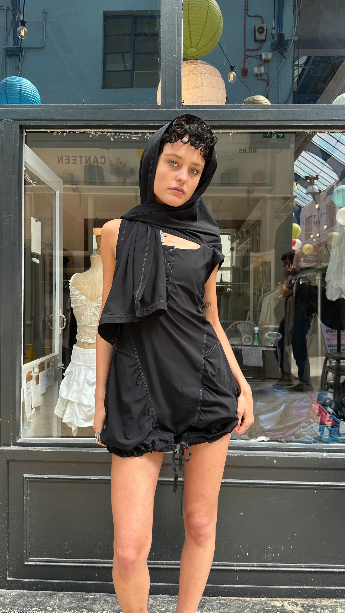 Black hooded mini dress