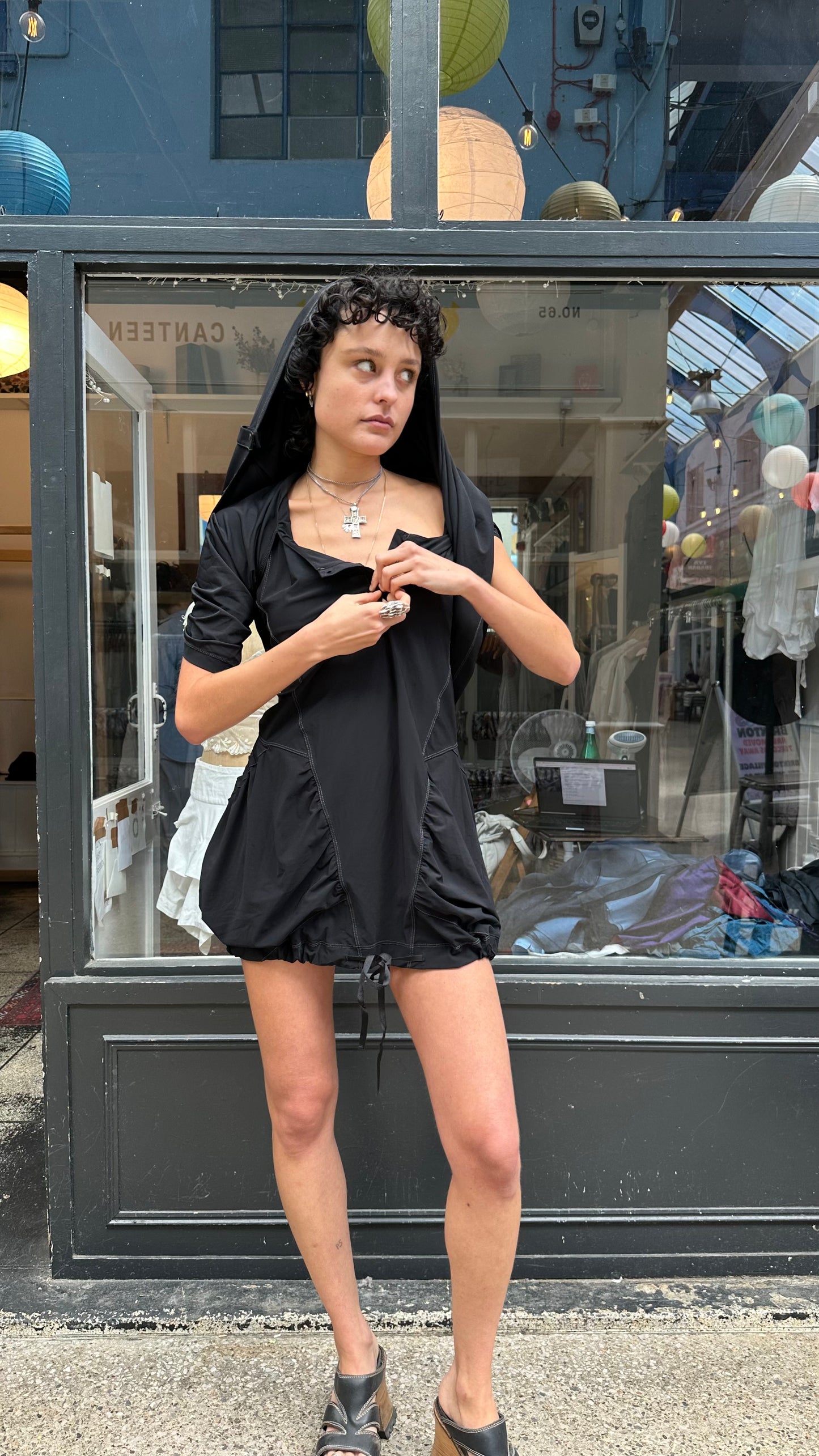 Black hooded mini dress