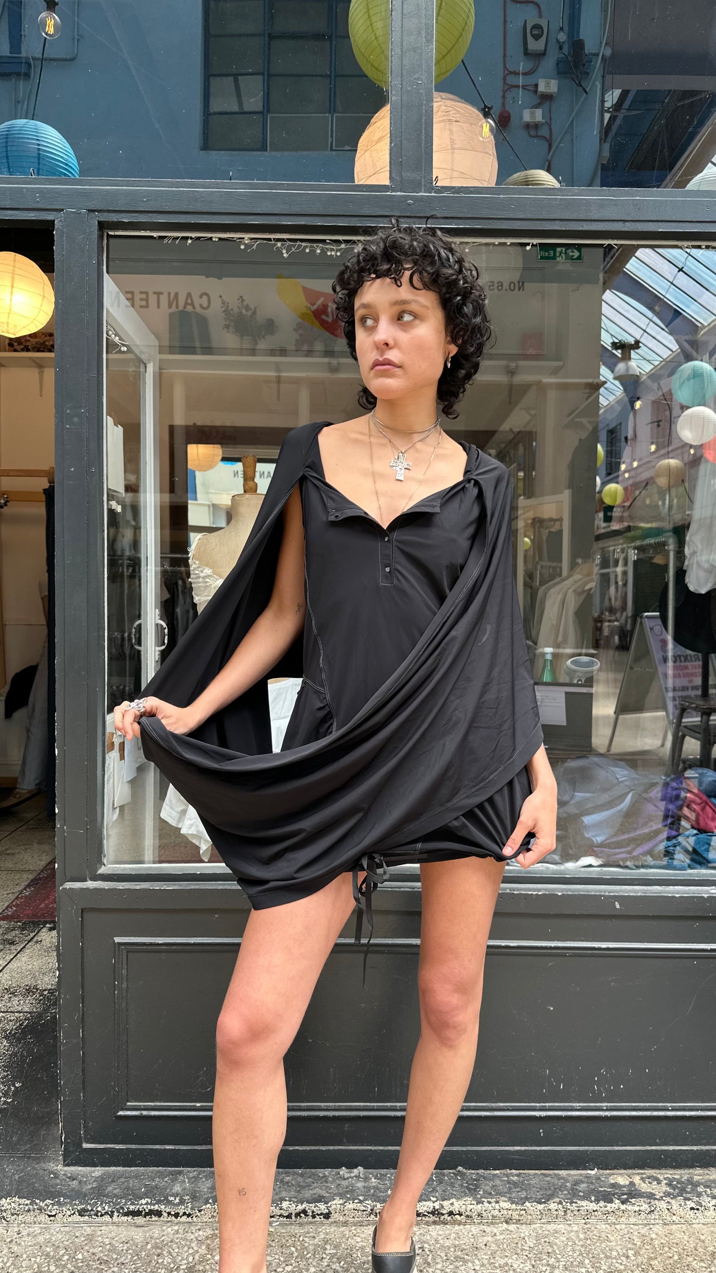 Black hooded mini dress