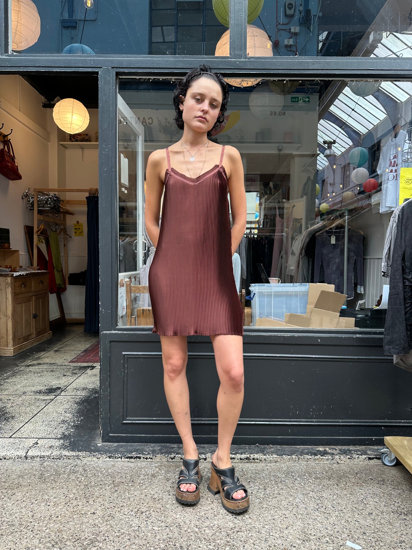 All saints brown pleated slip dress