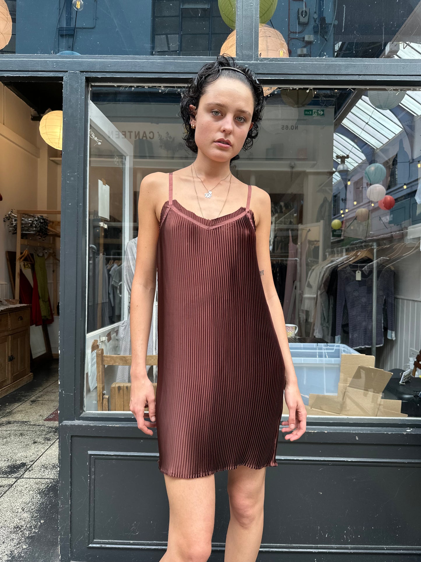 All saints brown pleated slip dress