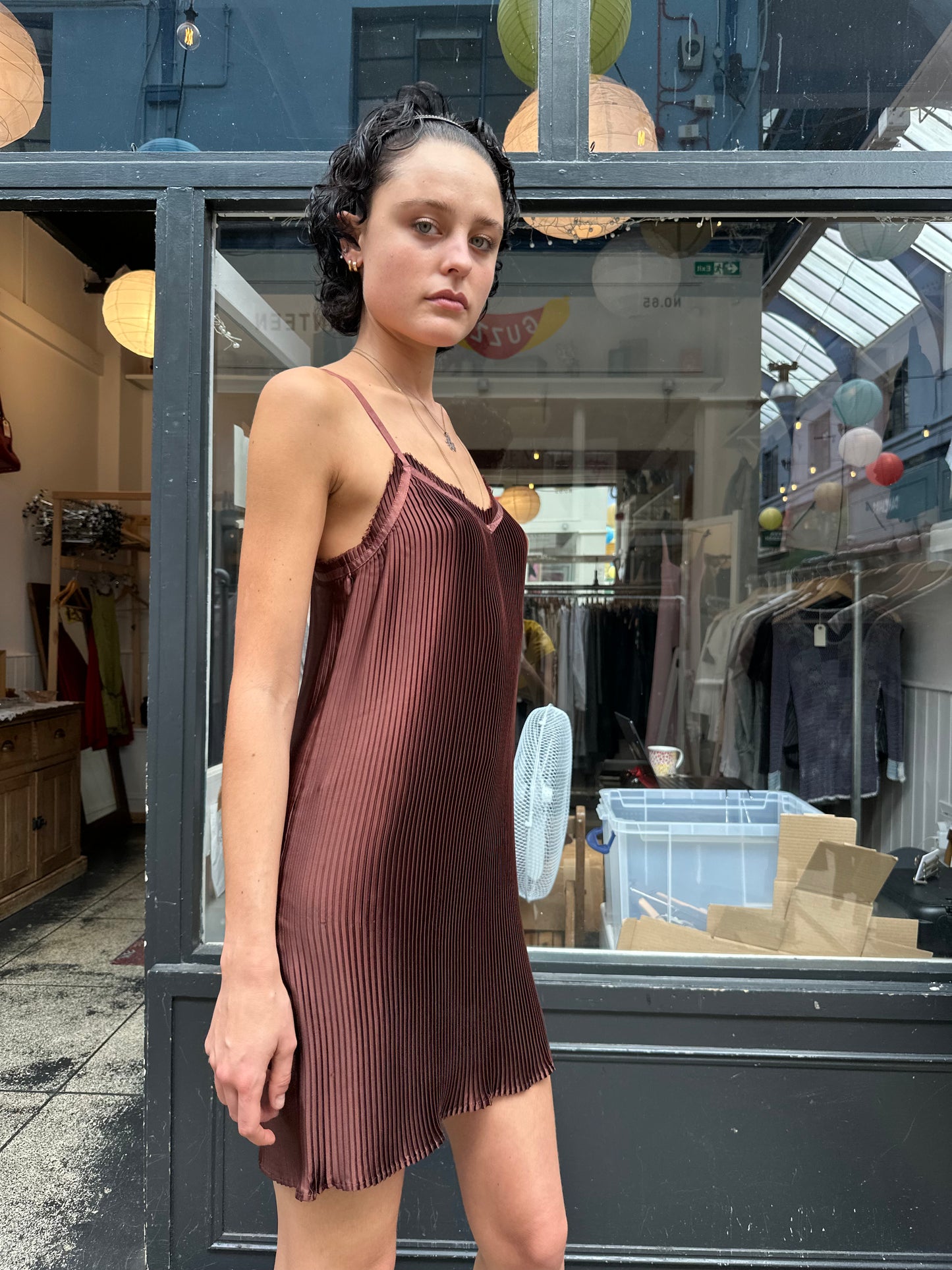 All saints brown pleated slip dress
