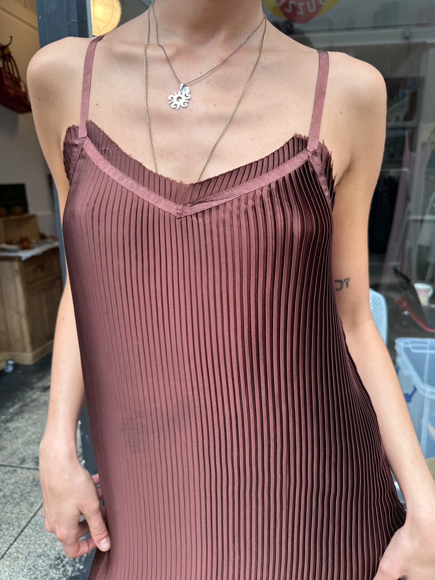 All saints brown pleated slip dress