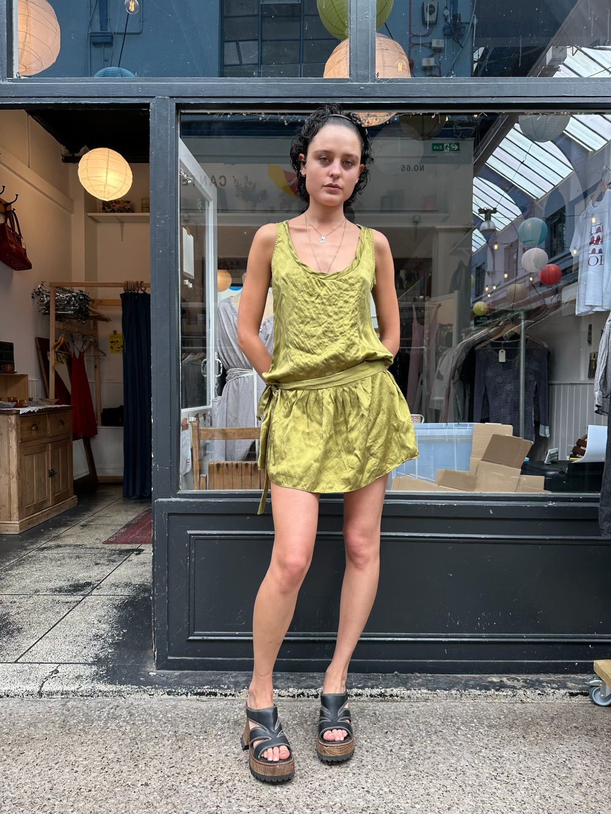 Green silk drop waist dress