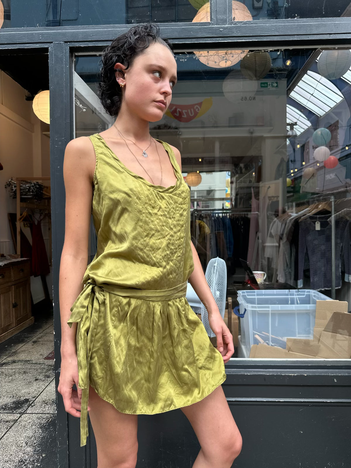 Green silk drop waist dress