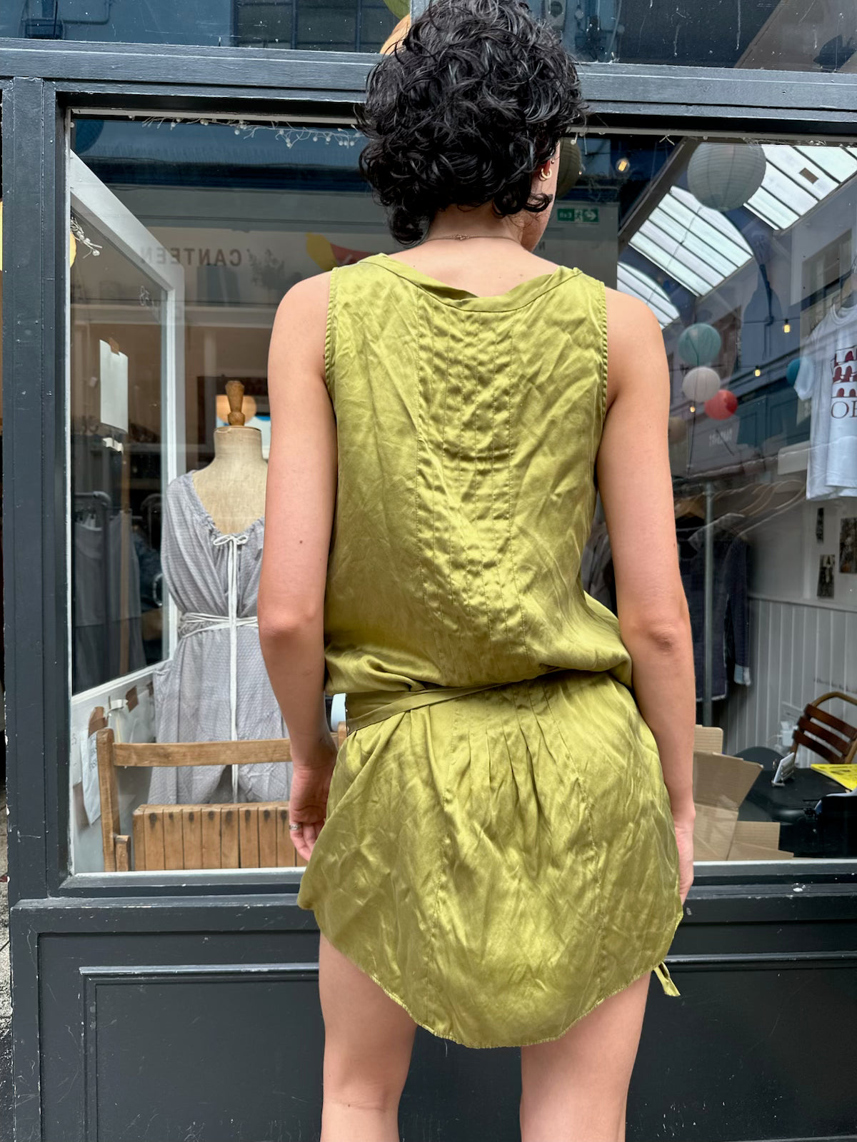 Green silk drop waist dress