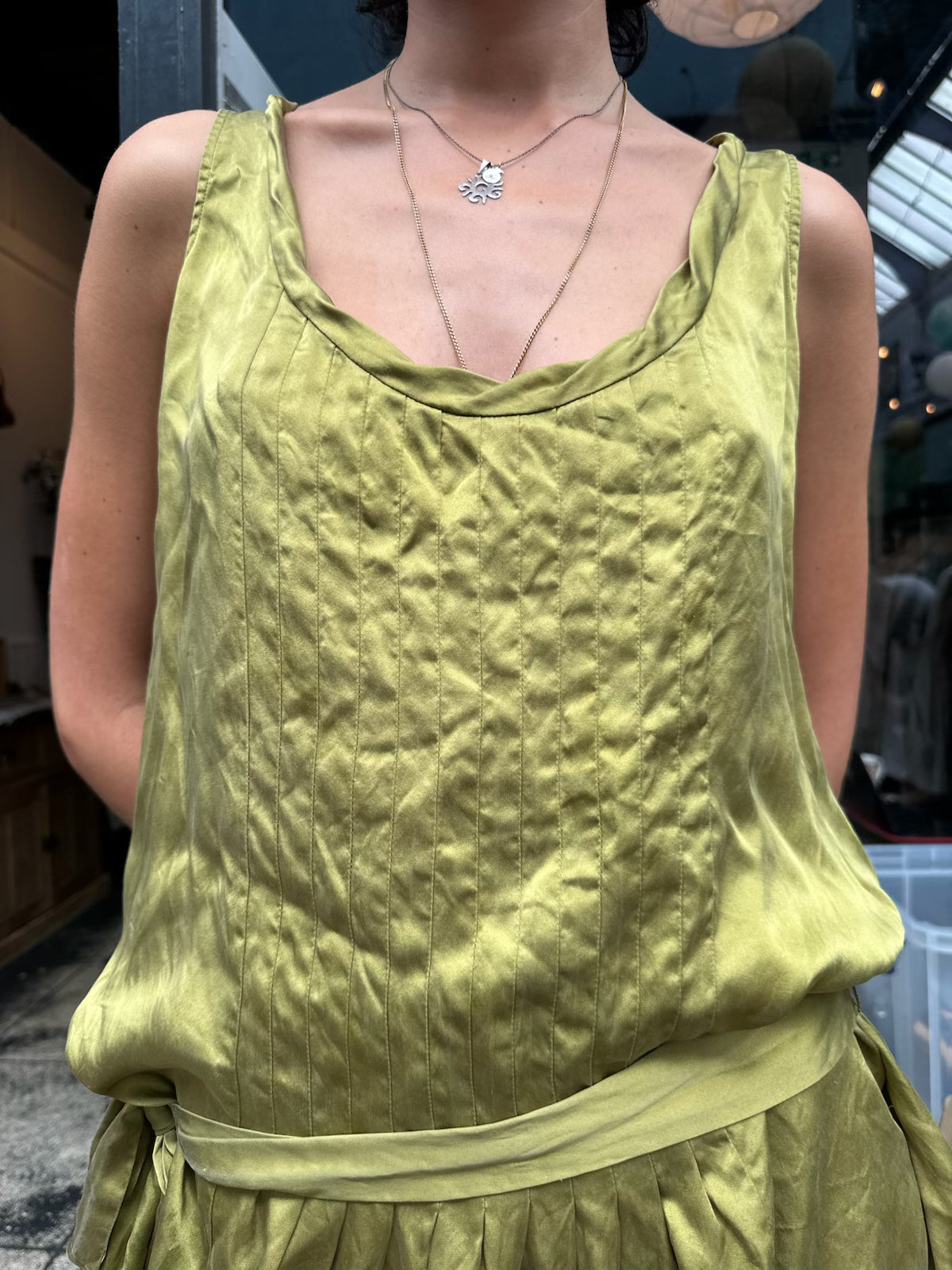 Green silk drop waist dress